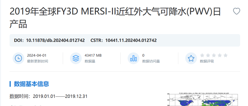 国家对地观测科学数据中心发布2019年全球FY3D MERSI-II近红外大气可降水(PWV)日产品