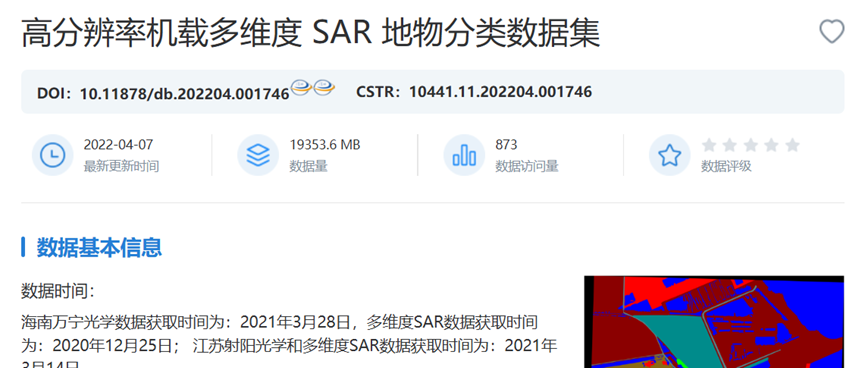 国家对地观测科学数据中心发布高分辨率机载多维度 SAR 地物分类数据集