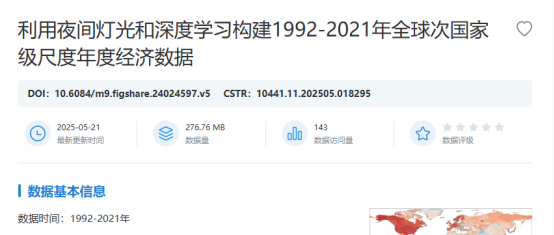 利用夜间灯光和深度学习构建1992-2021年全球次国家级尺度年度经济数据在国家对地观测科学数据中心发布共享