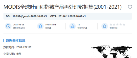 MODIS全球叶面积指数产品再处理数据集(2001-2021)在国家对地观测科学数据中心发布共享