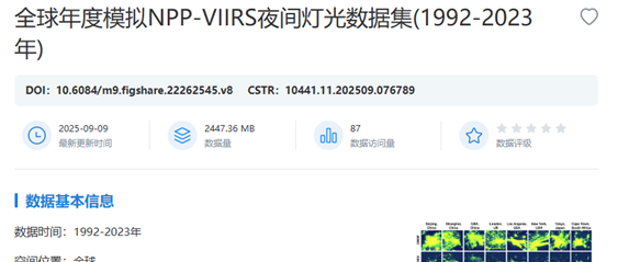 全球年度模拟NPP-VIIRS夜间灯光数据集(1992-2023年)在国家对地观测科学数据中心发布共享